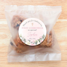 Pink blush First Communion favor sticker for girl