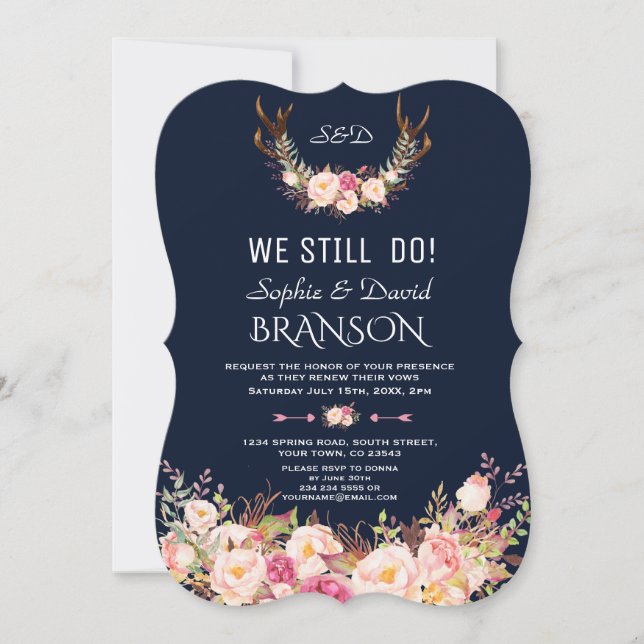 Pink Blush Floral Antlers Dunkelblau, die wir noch Einladung (Vorderseite)