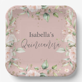 Pink Blush Floral Aquarell Quinceañera Paper Plaka Pappteller