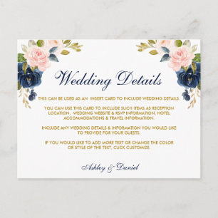 Pink Blush Floral Blue Gold Mariage Détails Carte