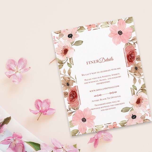 Pink Blush Floral Botanical Wedding Details Begleitkarte (Pink Blush Floral Botanical Wedding Details Enclosure Card)