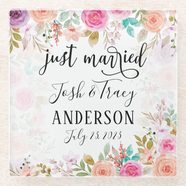Pink Blush Floral Custom nur verheiratet Glasuntersetzer (Vorderseite)