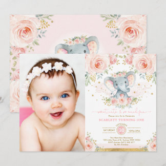 Pink Blush Floral Elephant Girl 1. Geburtstag Part Einladung