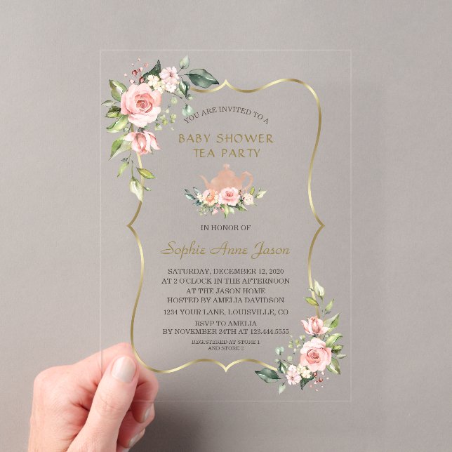 Pink Blush Floral Gold Baby Shower Tea Party Acryleinladungen (Insitu (Handheld))
