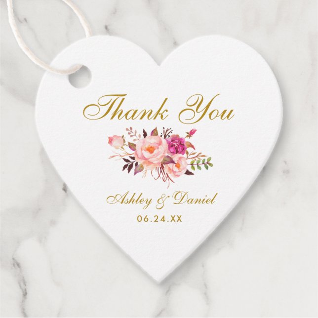 Pink Blush Floral Gold Hochzeit Danke Herz Geschenkanhänger (Vorderseite)