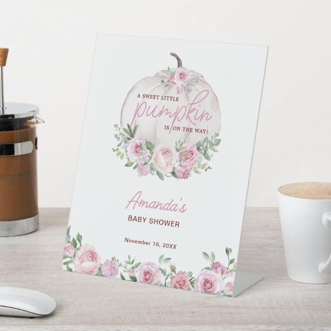 Pink Blush Floral Kleine Pumpkin Baby Dusche Sockelschild (In SItu)