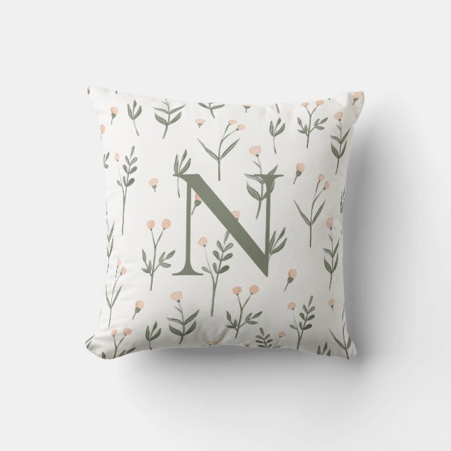 Pink Blush Floral Monogramm Delikate Wildblumen Kissen (Vorderseite)