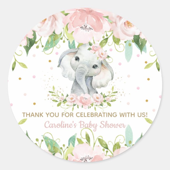 Pink Blush Floral Niedlich Elefant Danke Runder Aufkleber (Vorderseite)