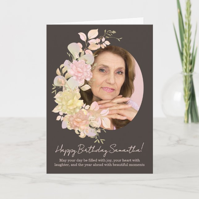 Pink Blush Floral Photo Frame Birthday Greeting Karte (Vorderseite)