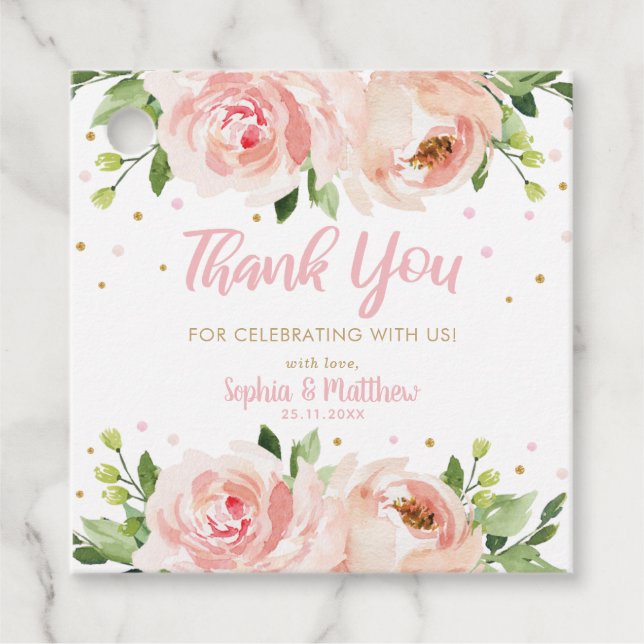 Pink Blush Floral Rose Kinderdusche Vielen Dank Geschenkanhänger (Vorderseite)