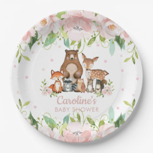 Pink Blush Floral Woodland Animals Kinderdusche Pappteller