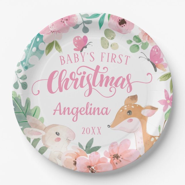 Pink Blush Floral Woodland Baby's 1. Weihnachten Pappteller (Vorderseite)