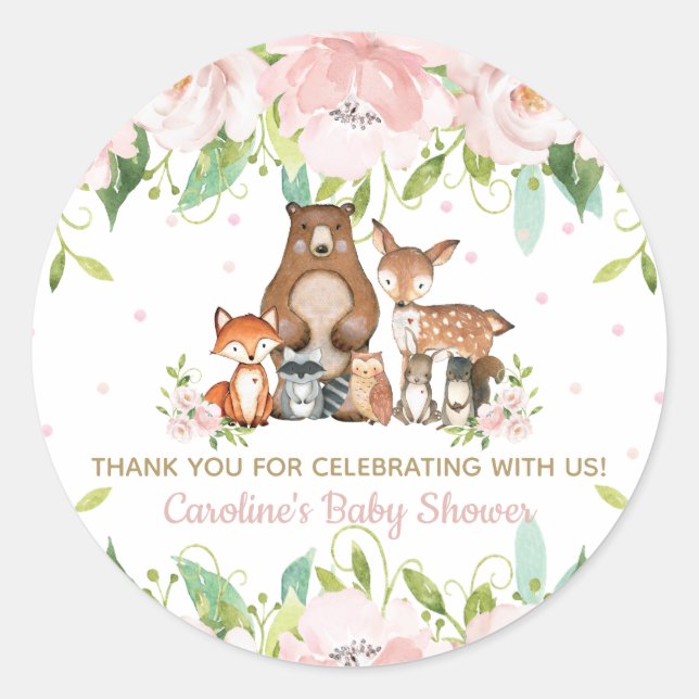 Pink Blush Floral Woodland Tiere Vielen Dank Runder Aufkleber (Vorderseite)