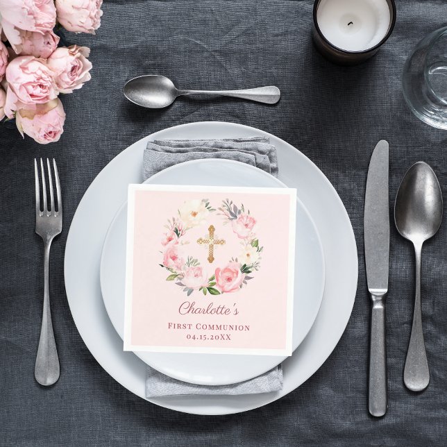Pink blush floral wreath girl First Communion Serviette (Von Creator hochgeladen)
