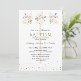 Pink Blush Flowers Gold Girls Triplets Baptism   Einladung