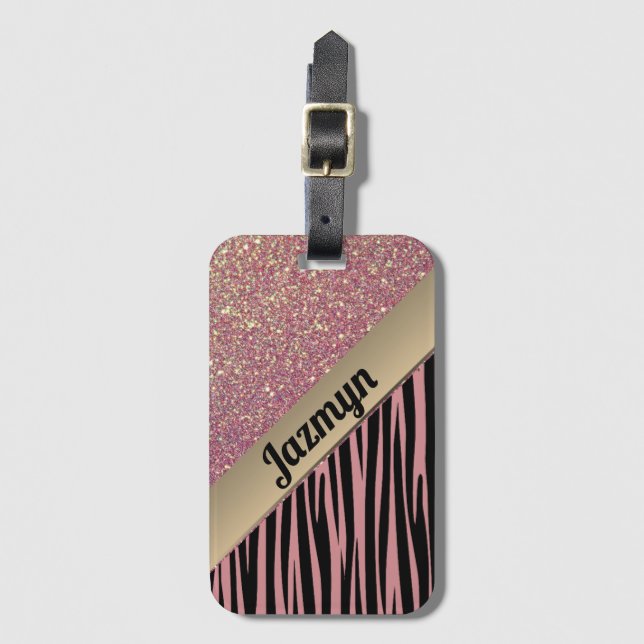 Pink Blush Glam Zebra Print Personalisiert Gepäckanhänger (Vorderseite Vertikal)