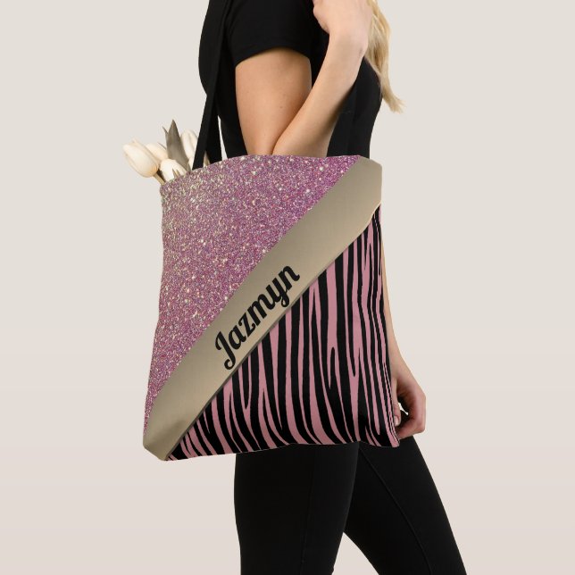 Pink Blush Glam Zebra Print Personalisiert Tasche (Von Nahem)