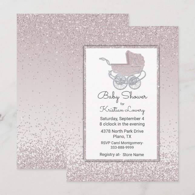 Pink Blush Glitzer Kinderdusche Einladung (Vorne/Hinten)