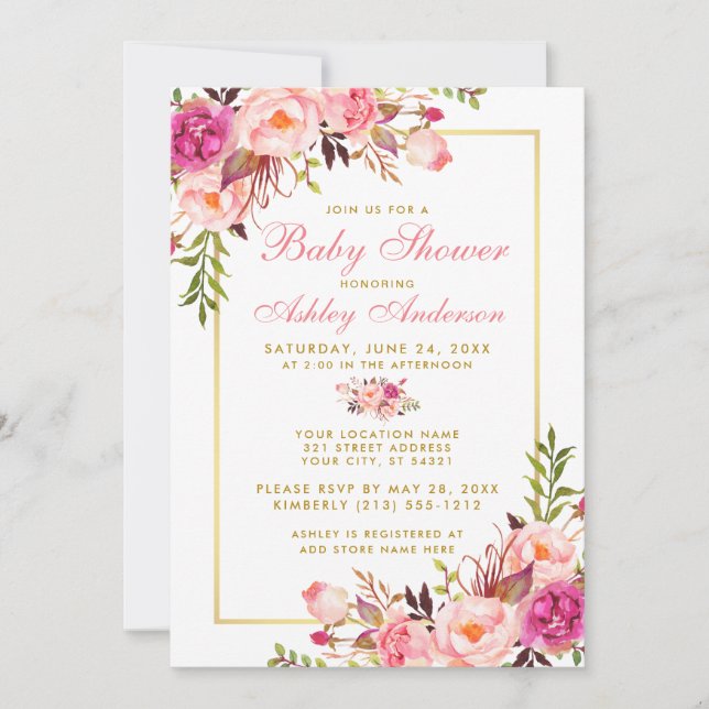 Pink Blush Gold Floral Baby shower Invitation PSG (Devant)