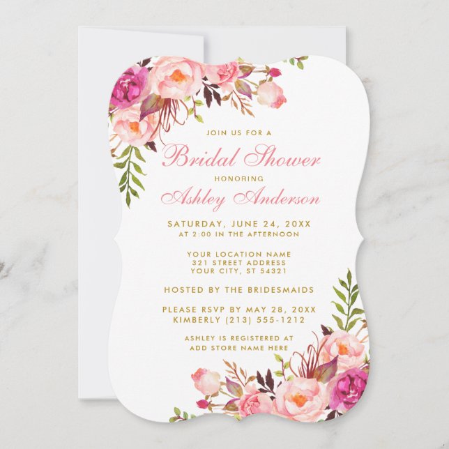 Pink Blush Gold Floral Invitation de douche nuptia (Devant)
