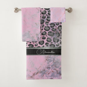 Pink Blush Marmor Glittery Leopard Personalisiert Badhandtuch Set