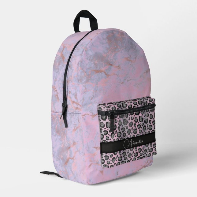 Pink Blush Marmor Glittery Leopard Personalisiert Bedruckter Rucksack (Rückseitige Ecke links)