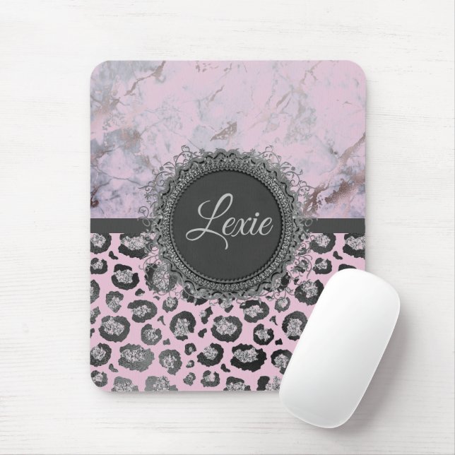 Pink Blush Marmor Glittery Leopard Personalisiert Mousepad (Mit Mouse)