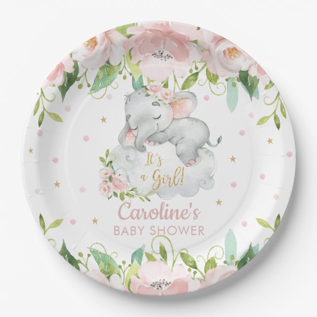 Pink Blush Niedlich Elephant Baby Dusche Pappteller (Vorderseite)