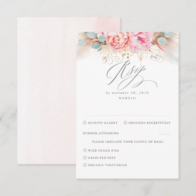 Pink Blush Pampas Grass Wedding RSVP Karte (Vorne/Hinten)