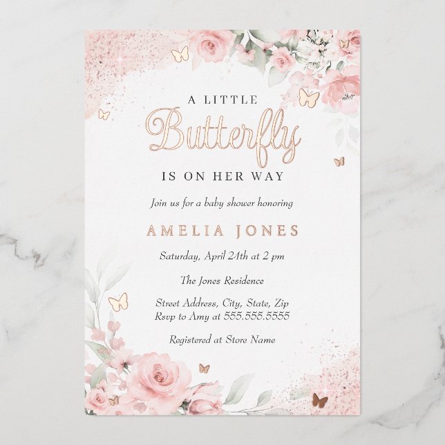 Pink Blush Rose Butterfly Babydusche Folieneinladung (Vorderseite)