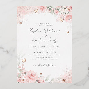 Pink Blush Rose Butterfly Wedding Folieneinladung