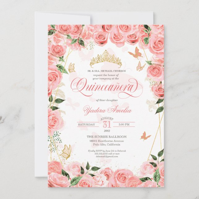 Pink Blush Rose Elegante Butterfly Quinceanera Inv Einladung (Vorderseite)