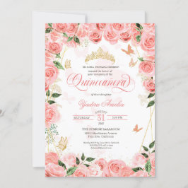 Pink Blush Rose Elegante Butterfly Quinceanera Inv Einladung
