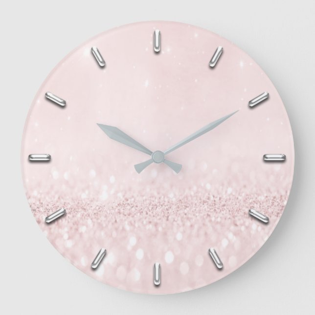 Pink Blush Rose Pulver Glitzer Grau Silbergrau Große Wanduhr (Vorderseite)