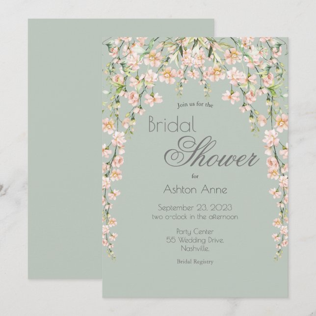 Pink Blush Sage Green Floral Wildblumen Bridal Einladung (Vorne/Hinten)