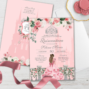 Pink Blush Silver Tiara Royal Princess Quinceañera Einladung