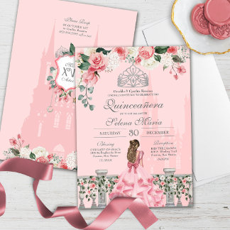 Pink Blush Silver Tiara Royal Princess Quinceañera Einladung