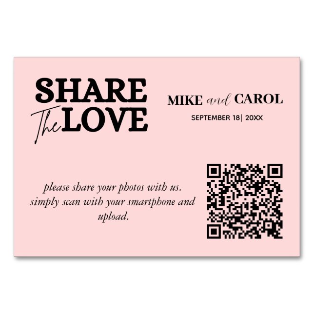 Pink Blush Teilen Sie die Liebe Foto QR Code Hochz Tischnummer (Vorderseite)