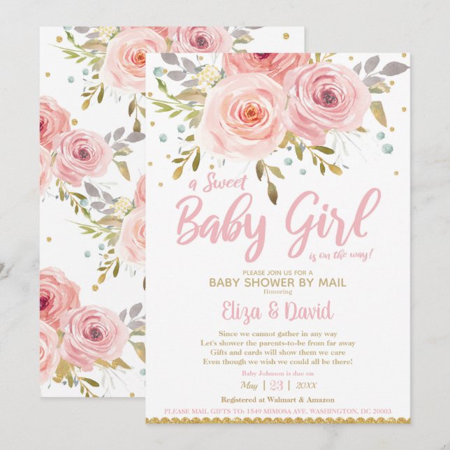Pink Blush Virtual Baby Dusche von Mail Girl Einladung (Vorne/Hinten)