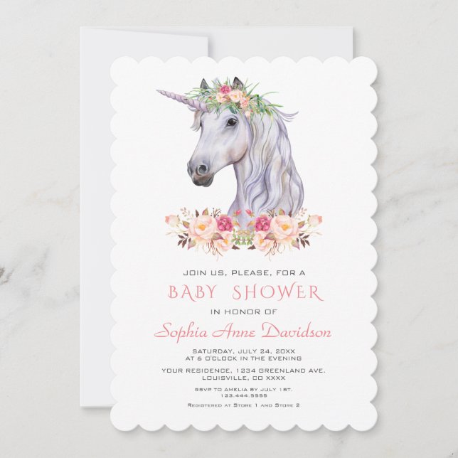 Pink Blush Wasserfarbe Einhorn Girl Babydusche Einladung (Vorderseite)