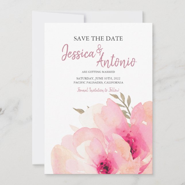 Pink Blush Wasserfarbe Save the Date Hochzeit (Vorderseite)