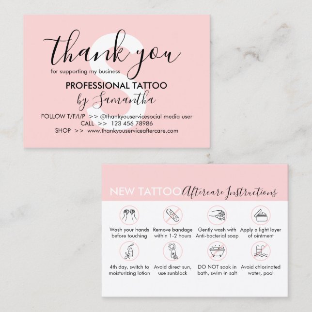 Pink Body Aftercare Instructions Tattoo Vielen Dan Visitenkarte (Vorne/Hinten)