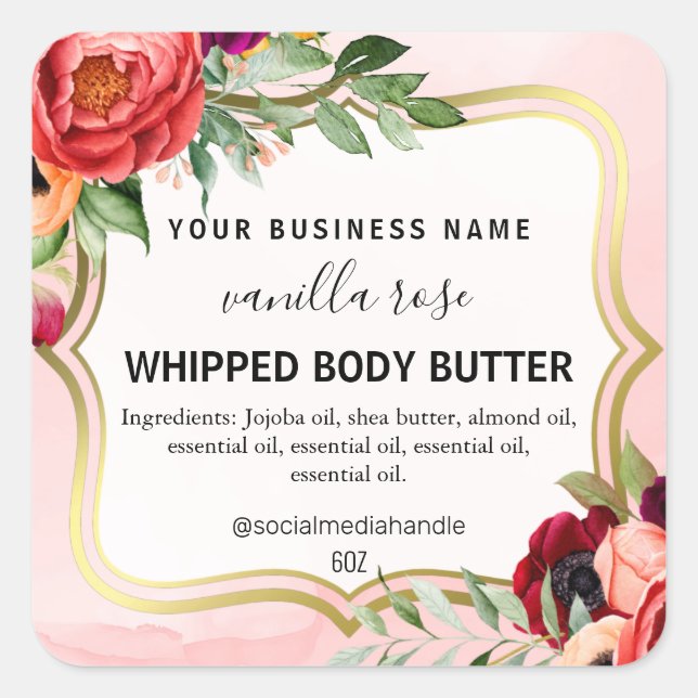 Pink Body Butter Labels Quadratischer Aufkleber (Vorderseite)