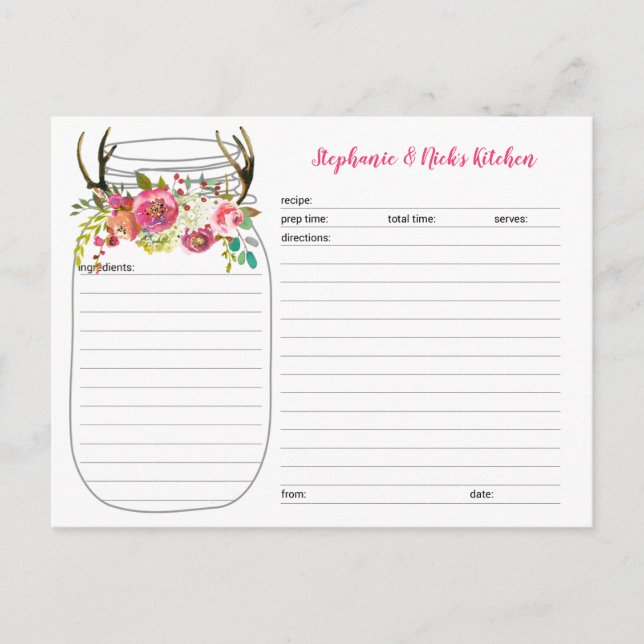 Pink Boho Antlers Mason Jar Neu verheiratete Rezep Ankündigungspostkarte (Vorderseite)