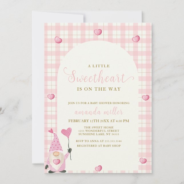 Pink Boho Arch Gingham Heart Gnome Babydusche Einladung (Vorderseite)