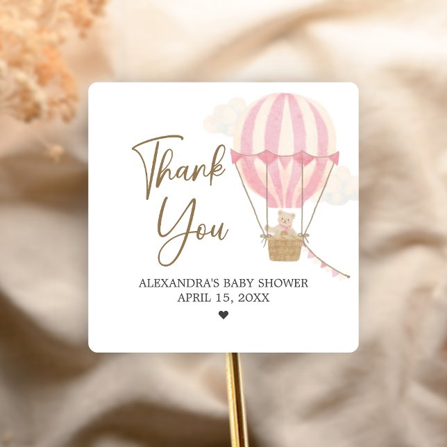 Pink Boho Bear Baby Shower  Quadratischer Aufkleber (Oh Baby Bear Baby Shower Sticker)