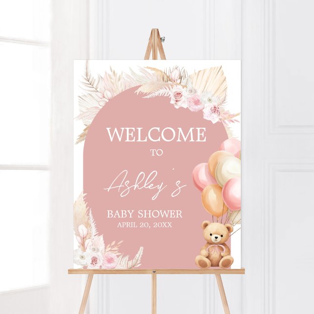 Pink Boho Bear Balloon Baby Dusche Willkommen Poster (We Can Bearly Wait Baby Shower Welcome Sign)