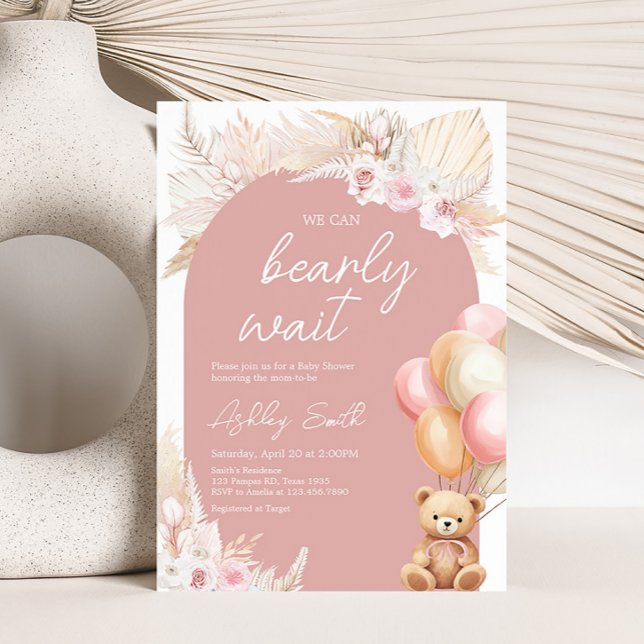 Pink Boho Bear Balloon Babydusche Einladung (We Can Bearly Wait Baby Shower Invitation)
