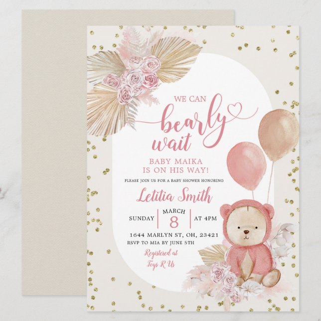 Pink Boho Bearly Wait Girl Baby shower Invitation (Devant / Derrière)