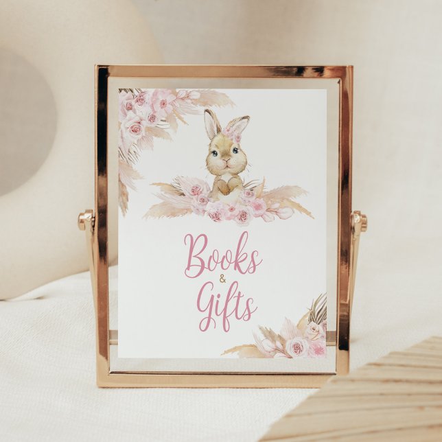 Pink Boho Bunny Baby Duschbücher und Geschenke Poster (Pampas Grass Girl Bunny Baby Shower Books and GIfts Sign)